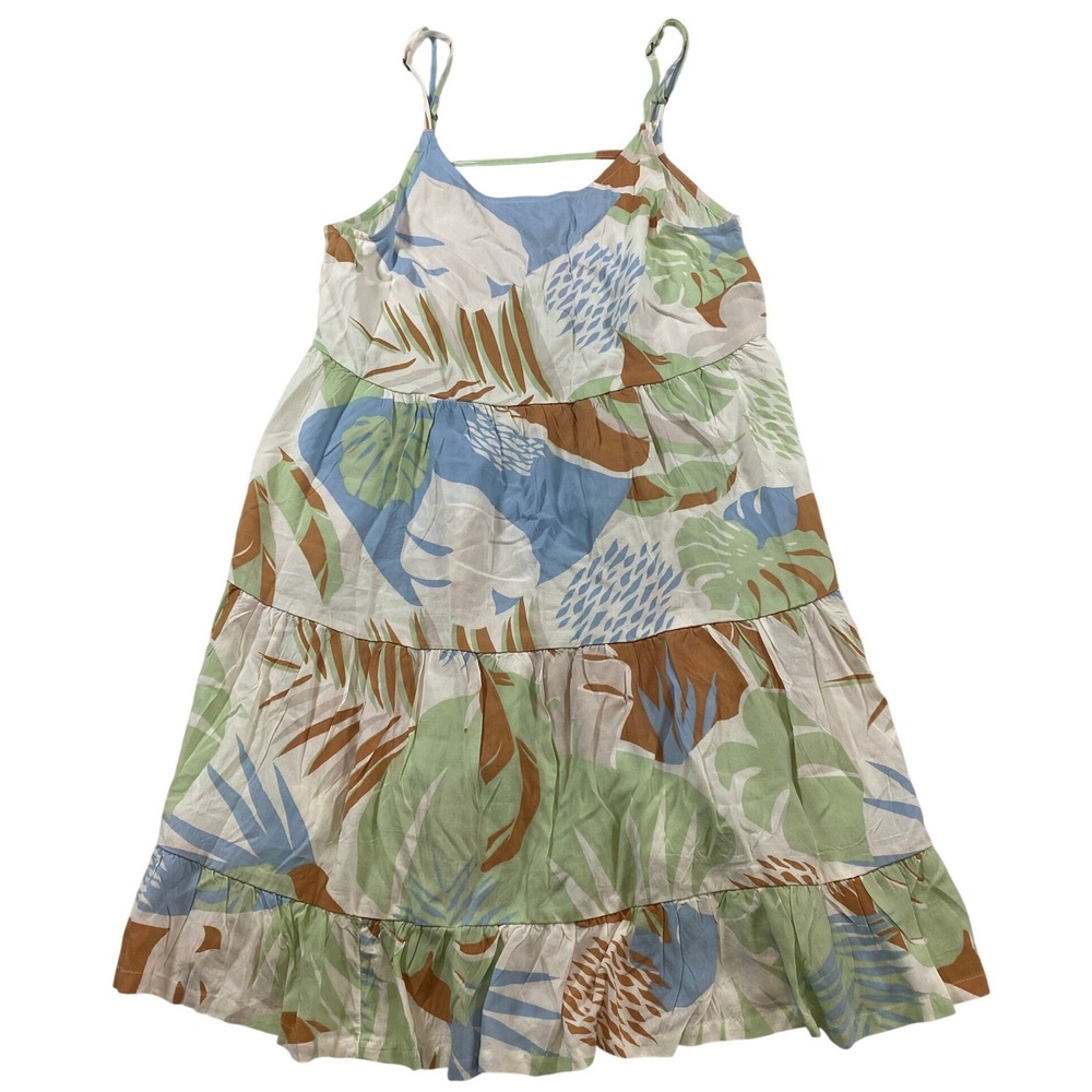 Roxy Womens‎ Tropical Leaf Print Tiered Babydoll Mini Dress Green Blue Small